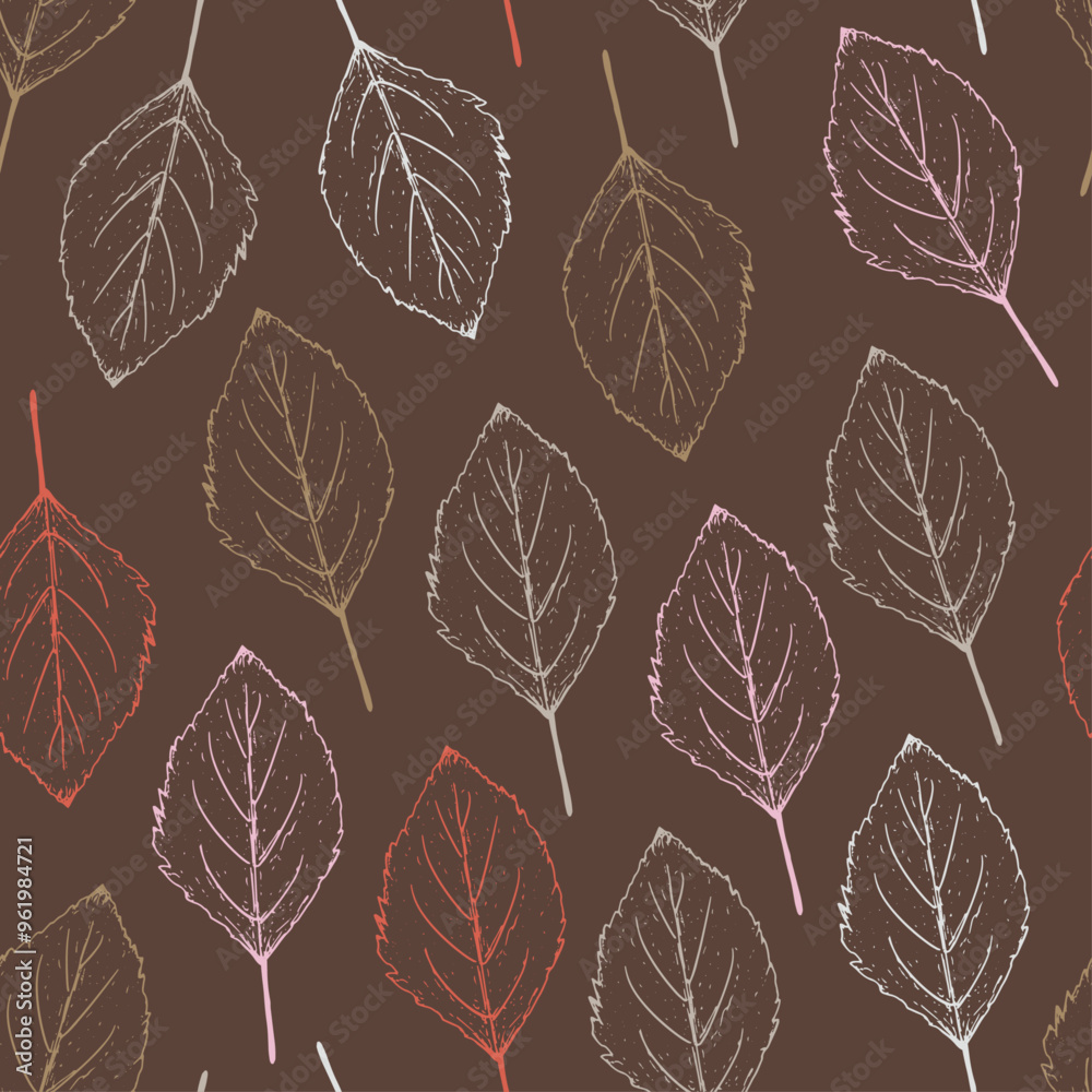 Hand-drawn autumn pattern with birch leaves on a brown background in sketch style. Fall seamless background with subtle hand-drawn botanical elements Hand-drawn autumn pattern with birch leaves on a brown background in sketch style. Fall seamless background with subtle hand-drawn botanical elements