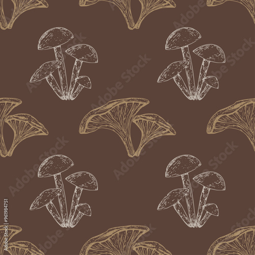 Hand-drawn autumn pattern with chanterelle and honey mushrooms on a brown background in sketch style. Fall seamless background with subtle hand-drawn botanical elements