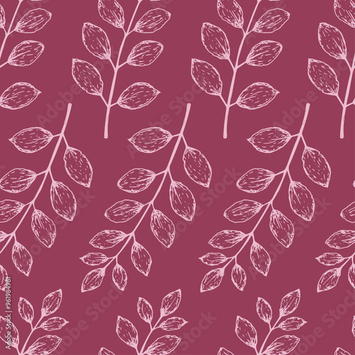 Hand-drawn autumn pattern with rowan leaves on a dark pink background in sketch style. Fall seamless background with subtle hand-drawn botanical elements