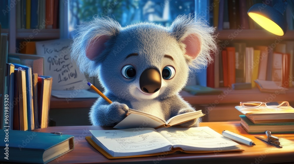 A cartoon koala sitting at a desk with a pencil and notebook, looking thoughtful and surrounded by books. A cartoon koala sitting at a desk with a pencil and notebook, looking thoughtful and surrounded by books.