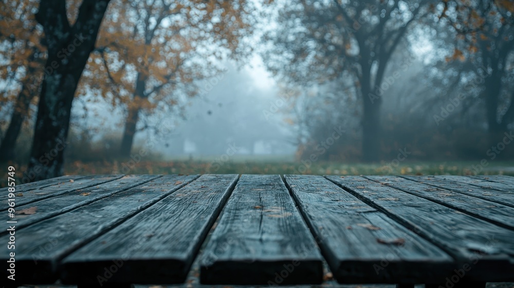 Spooky Halloween Ambiance: Eerie Wooden Table in Foggy Park at Dusk Spooky Halloween Ambiance: Eerie Wooden Table in Foggy Park at Dusk