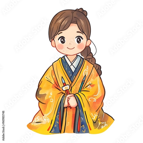 A beautiful cartoon full body child wearing Taki is a ceremonial outfit used in religious rites, featuring a long robe with elaborate decorations clipart, full body, watercolor clipart