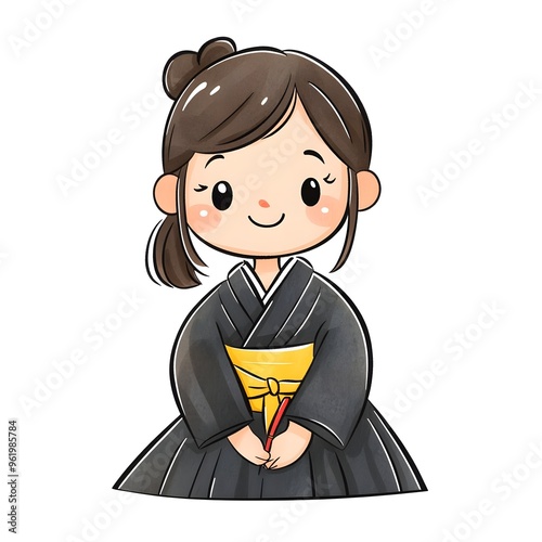 A beautiful cartoon full body child wearing Kuro is a Japanese ceremonial outfit featuring a simple black kimono with minimal decorations clipart, full body, watercolor clipart photo