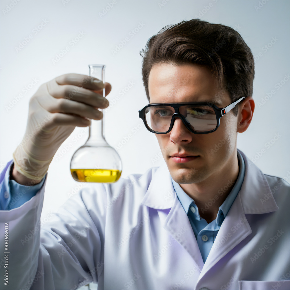 A scientist in lab coat holding a test tube upfront presenting experiment results A scientist in lab coat holding a test tube upfront presenting experiment results