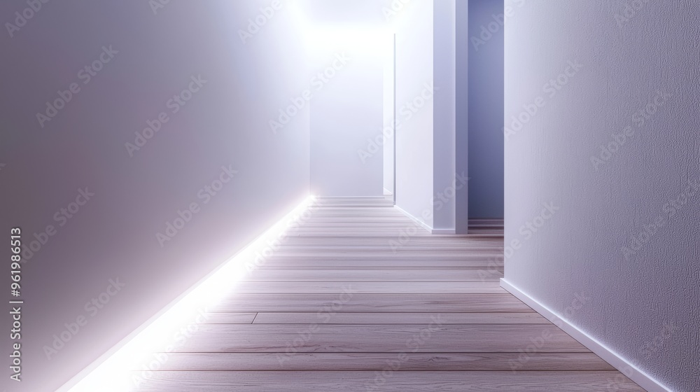 Fototapeta premium Floor Lighting for Minimalist Hallways, Examine the use of minimalist floor lighting along hallways, such as recessed floor lights or low-level LED strips.