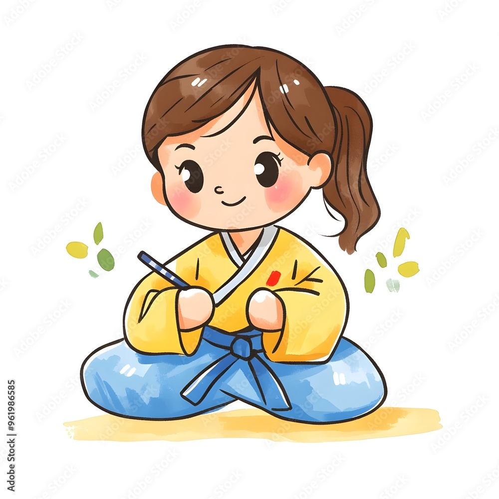 A beautiful cartoon full body child wearing Soma is an outfit used in martial arts performances, designed for ease of movement and durability clipart, full body, watercolor clipart A beautiful cartoon full body child wearing Soma is an outfit used in martial arts performances, designed for ease of movement and durability clipart, full body, watercolor clipart