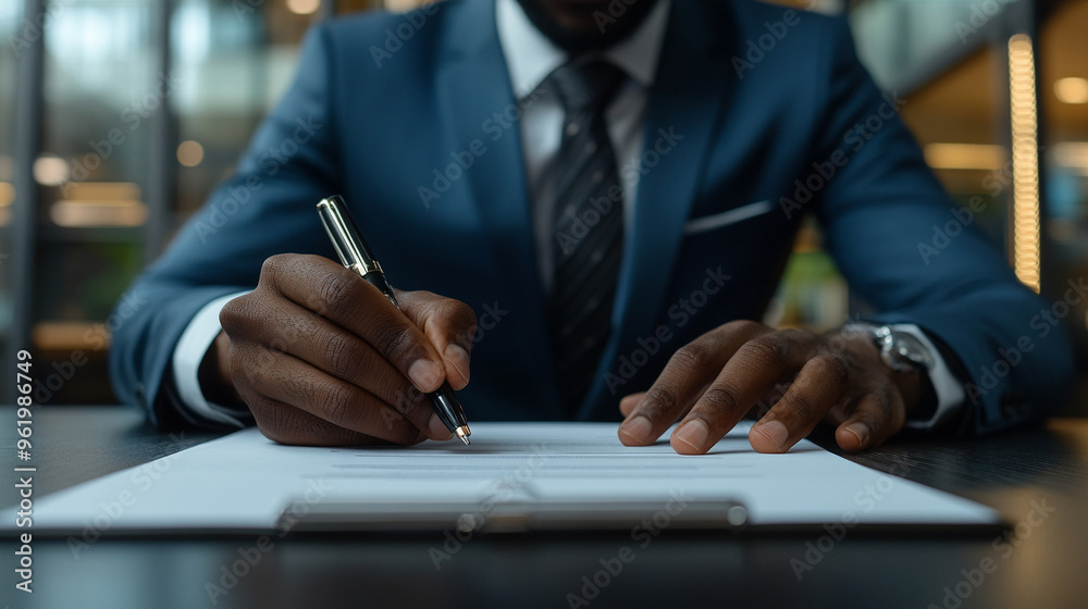 Black man’s hand signing a contract, symbolizing commitment, agreement, and professionalism. Focus on the act of finalizing important documents Black man’s hand signing a contract, symbolizing commitment, agreement, and professionalism. Focus on the act of finalizing important documents