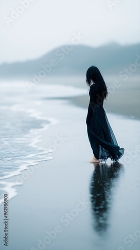 woman walking beach long dress atmosphere bodyless deep stand moody grieving distance standing back girl photo