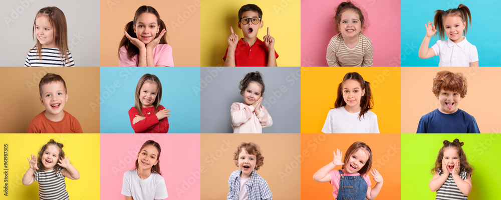 Many cute children on different colors backgrounds, collage of photos Many cute children on different colors backgrounds, collage of photos