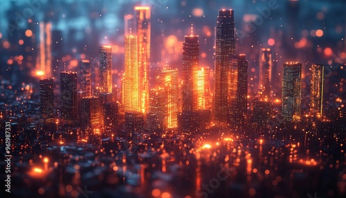 BPM Integration in a Digital Ecosystem, digital cityscape with various skyscrapers representing different business functions,