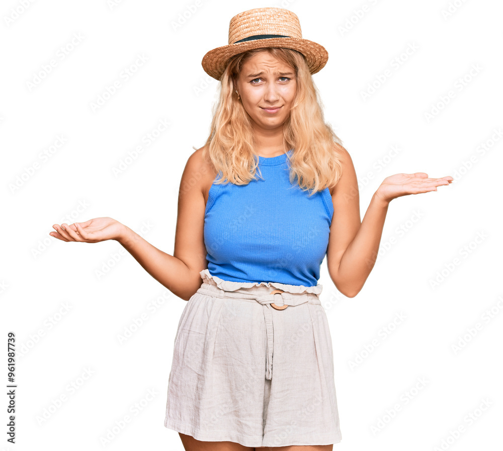 Young blonde girl wearing summer hat clueless and confused expression with arms and hands raised. doubt concept. Young blonde girl wearing summer hat clueless and confused expression with arms and hands raised. doubt concept.