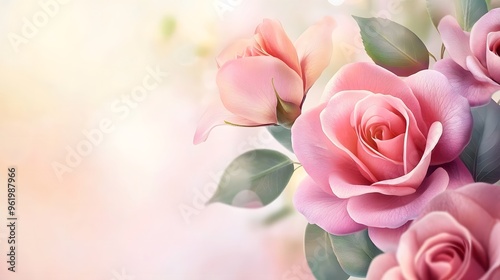 Pink rose with green leaves on a light background. Template for quotes, and greetings cards