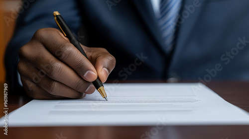 Black man’s hand signing a contract, symbolizing commitment, agreement, and professionalism. Focus on the act of finalizing important documents