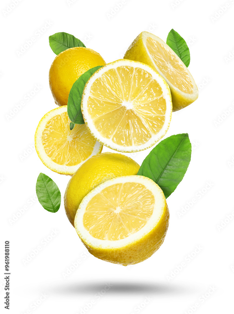 Fresh juicy lemons and green leaves falling on white background Fresh juicy lemons and green leaves falling on white background
