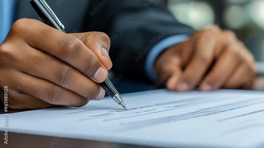 Black man’s hand signing a contract, symbolizing commitment, agreement, and professionalism. Focus on the act of finalizing important documents Black man’s hand signing a contract, symbolizing commitment, agreement, and professionalism. Focus on the act of finalizing important documents