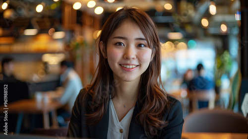 Wide-angle business scene of a smiling beautiful Asian (Japanese) woman working on a computer in a beautiful office or cafe, looking at the camera