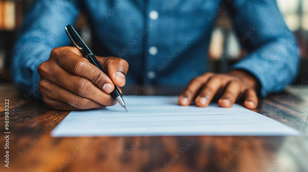 Black man’s hand signing a contract, symbolizing commitment, agreement, and professionalism. Focus on the act of finalizing important documents Black man’s hand signing a contract, symbolizing commitment, agreement, and professionalism. Focus on the act of finalizing important documents