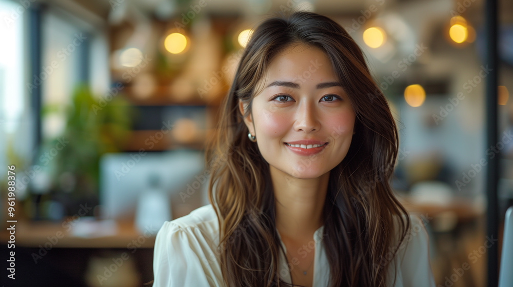 Wide-angle business scene of a smiling beautiful Asian (Japanese) woman working on a computer in a beautiful office or cafe, looking at the camera Wide-angle business scene of a smiling beautiful Asian (Japanese) woman working on a computer in a beautiful office or cafe, looking at the camera