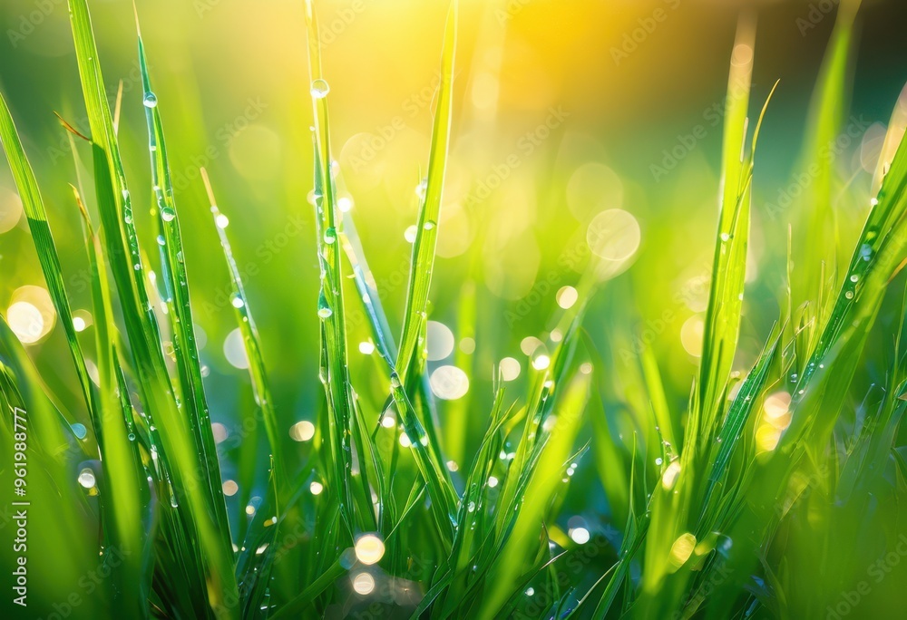 Fototapeta premium macro lush green grass glistening dew drops capturing morning light, nature, texture, vibrant, botanical, detail, freshness, outdoor, growth, flora, ecosystem