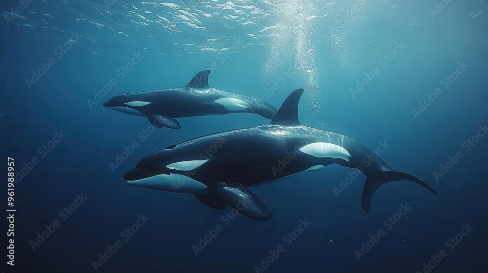 Fototapeta premium majestic pod of orcas gliding through crystalclear ocean waters sleek black and white bodies contrast with the deep blue sea underwater perspective captures their grace and power