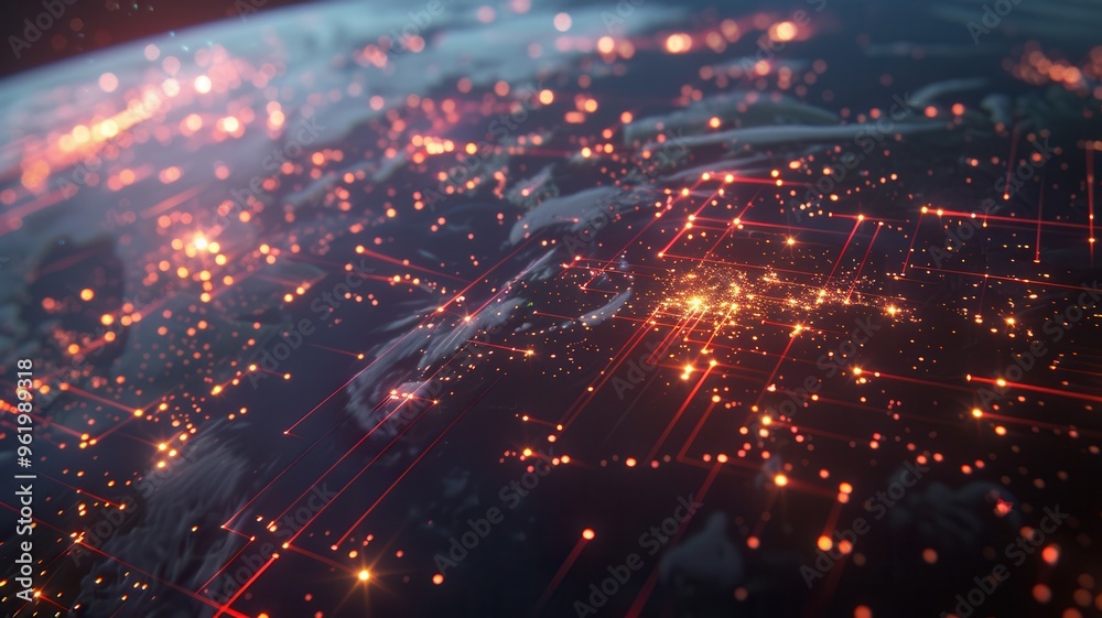 Fototapeta premium A stunning view of Earth showcasing vibrant network connections and illuminated cities, reflecting global connectivity and technology.