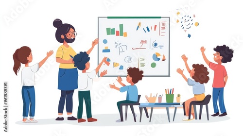 A teacher explaining a concept on a whiteboard, with students raising hands and participating in a lively classroom discussion