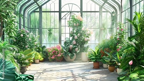 Sunlit Greenhouse with Lush Tropical Plants