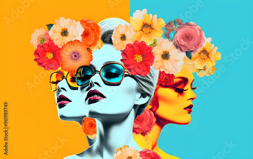 Bold colorful collaged portraits with floral graphics