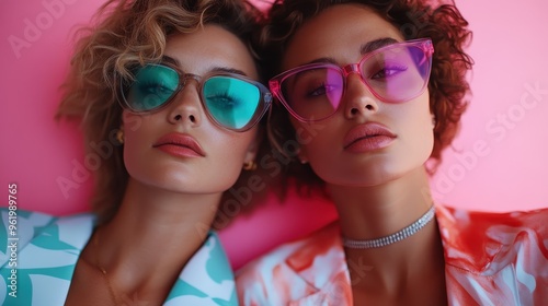 Two fashionable women, adorned in stylish, colorful attire and chic eyewear, striking a confident pose against a bright, colorful background, representing modern elegance and urban flair.