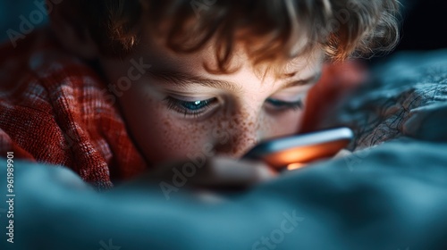 A young child in an orange checkered shirt appears absorbed in something closely, with only part of their face visible, surrounded by deep blue hues in an intimate setting. photo