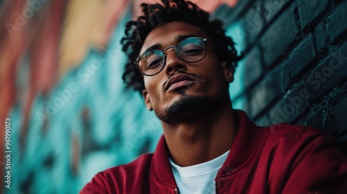 A man wearing glasses and a red jacket poses against a vividly colored wall, embodying a mix of intellectual flair and street fashion in an urban setting.