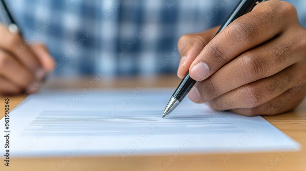 Black man’s hand signing a contract, symbolizing commitment, agreement, and professionalism. Focus on the act of finalizing important documents Black man’s hand signing a contract, symbolizing commitment, agreement, and professionalism. Focus on the act of finalizing important documents