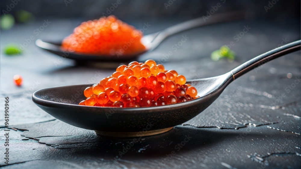 black spoon full of red caviar on black plate black spoon full of red caviar on black plate