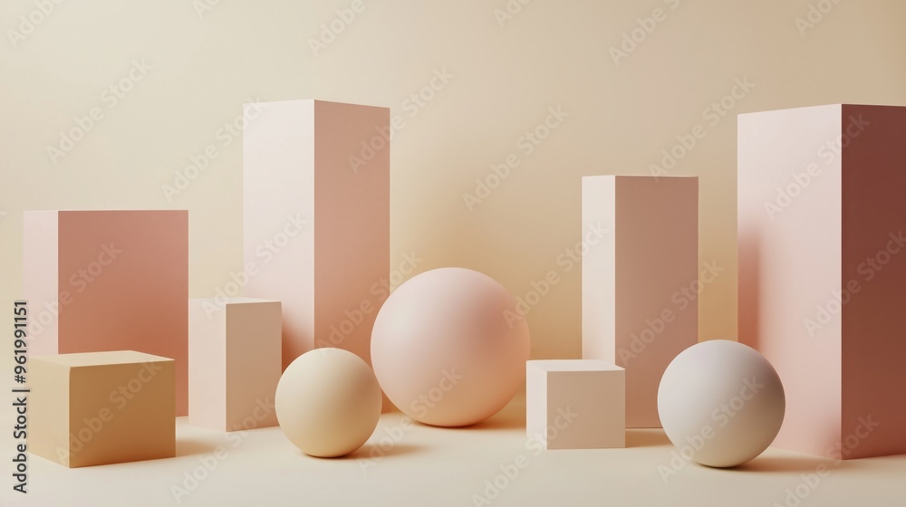 Geometric Shapes Precisely Arranged on Muted Pastel Background with Clean Lines Geometric Shapes Precisely Arranged on Muted Pastel Background with Clean Lines
