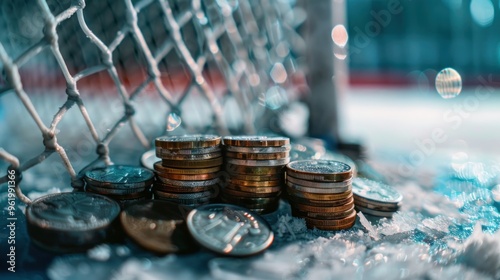 Stack of ice hockey coins with blurred ice hockey goal background AI generated image