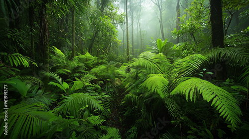 A serene and vibrant scene of lush Gondwana rainforests, with towering ferns and dense greenery bathed in soft, natural light.