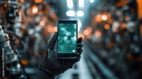 A gloved hand holding a smartphone against a blurred, futuristic background, symbolizing modern technology, innovation, and a high-tech industrial environment.