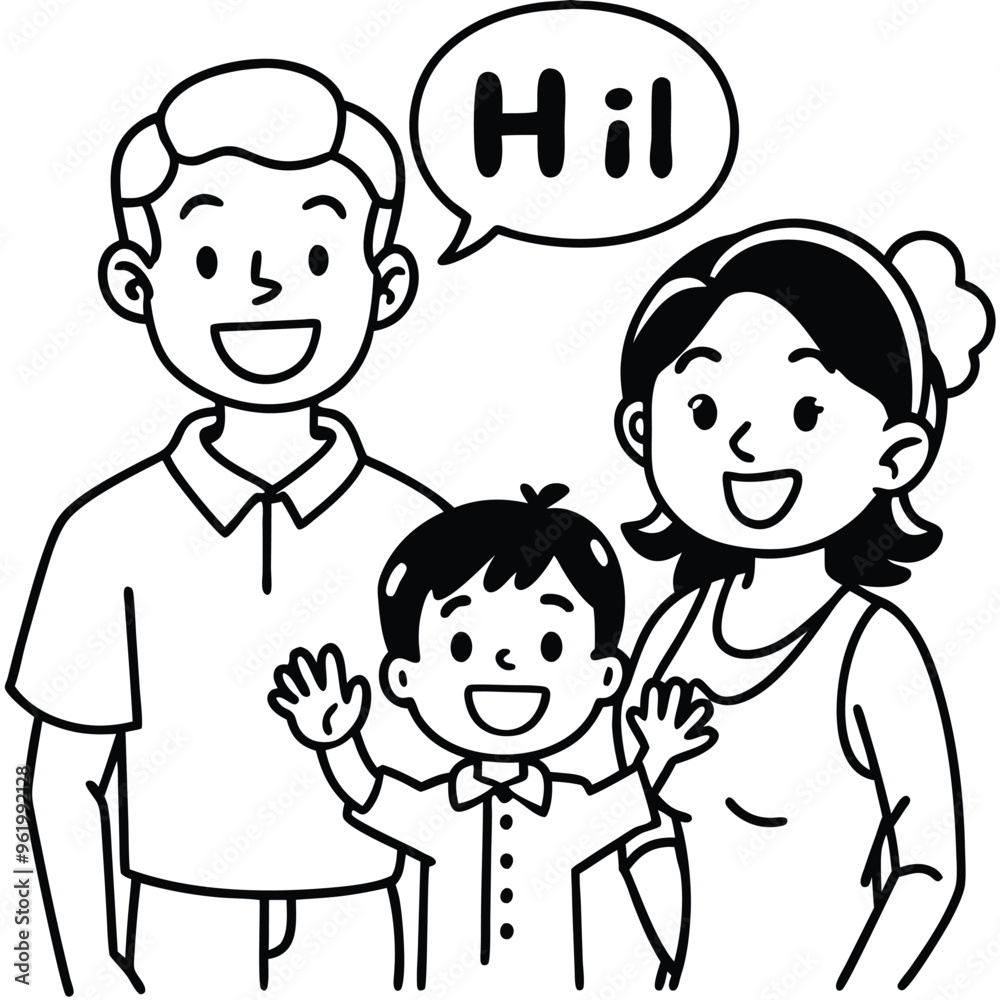 Character happy family greeting say Hi Hello Character happy family greeting say Hi Hello