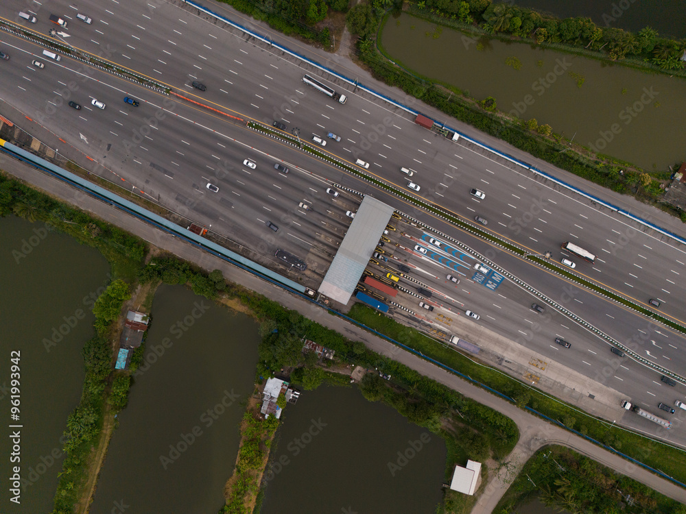 Aerial view gate for expressway fee payment in the city.. Aerial view gate for expressway fee payment in the city..