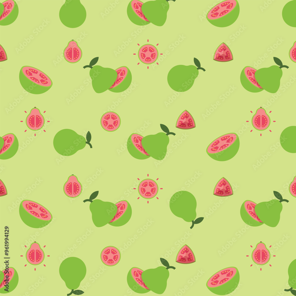 Green Guava seamless pattern, Farm fresh Guava product emblem for grocery shop, Slides, long and cross sections, and different positions, simple flat vector illustration of vegetables and fruits Green Guava seamless pattern, Farm fresh Guava product emblem for grocery shop, Slides, long and cross sections, and different positions, simple flat vector illustration of vegetables and fruits