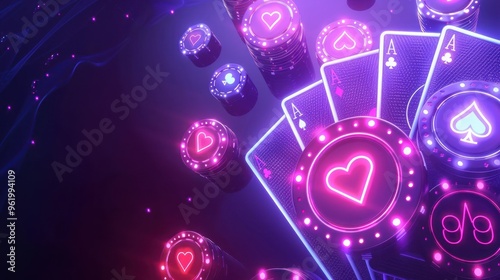 Playing cards and casino chips on purple background for casino Advertising AI generated image