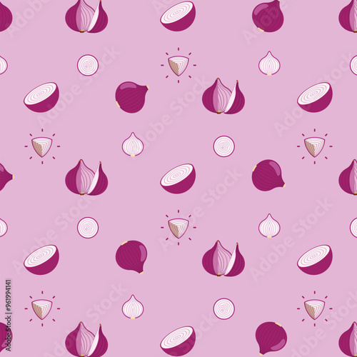 Red Onion seamless pattern, Farm fresh Red Onion product emblem for grocery shop, Slides, long and cross sections, and different positions, simple flat vector illustration of vegetables and fruits.