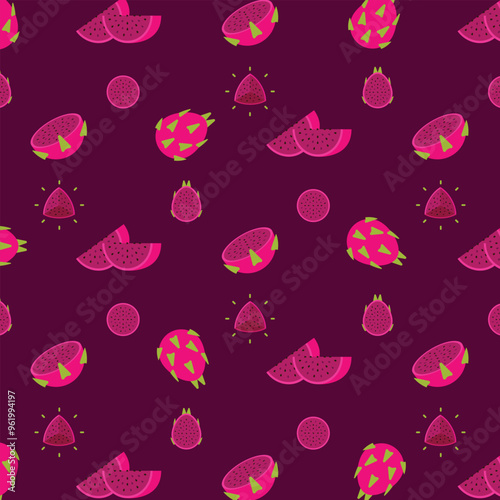 Fleshed Dragon fruit seamless pattern, Farm fresh product emblem for grocery shop, Slides, long and cross sections, and different positions, simple flat vector illustration of vegetables and fruits.