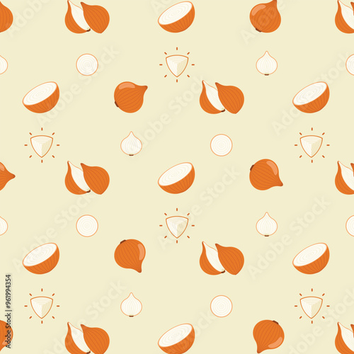 Sweet Onion seamless pattern, Farm fresh Yellow Onion product emblem for grocery shop, Slides, long and cross sections, and different positions, simple flat vector illustration of vegetables and fruit