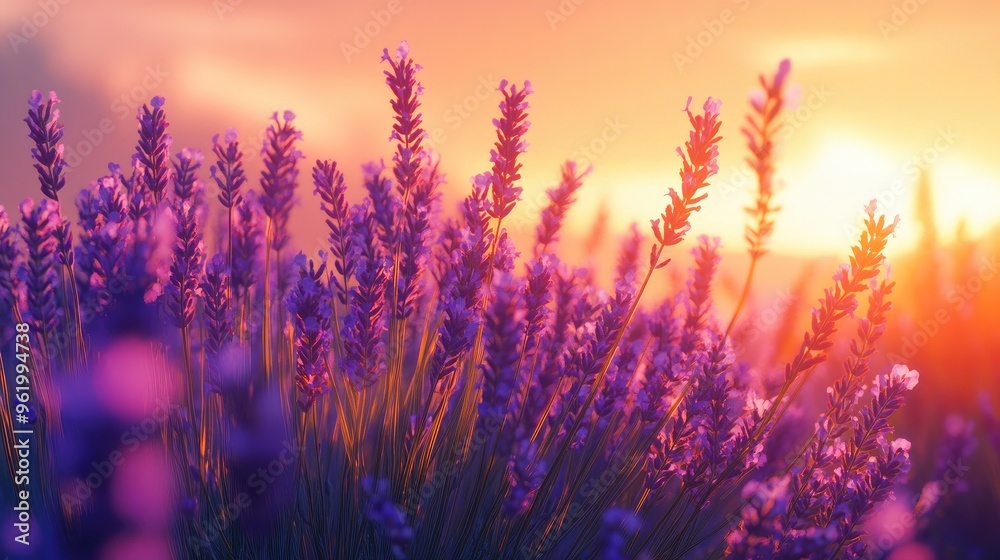 A lavender field at dusk, with the last rays of sunlight highlighting the purple hues of the flowers