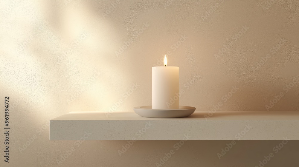 Minimalist White Candle on Floating Shelf with Soft Beige Background