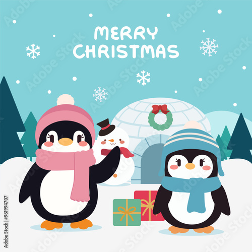Cute Christmas Penguins with Igloo and Snowman in Winter Wonderland.  Adorable Penguins Celebrating Christmas with Gifts and Snowman. Festive Holiday Scene with Penguins, Igloo, and Snowflakes.