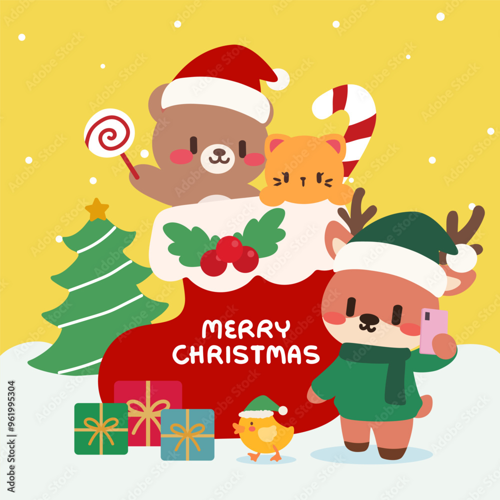 Cute Christmas Animals in Stocking with Gifts and Candy Cane. Kawaii Christmas Scene with Bear, Reindeer, and Cat in a Stocking. Festive Christmas Illustration. Animals Celebrating with Gifts. Cute Christmas Animals in Stocking with Gifts and Candy Cane. Kawaii Christmas Scene with Bear, Reindeer, and Cat in a Stocking. Festive Christmas Illustration. Animals Celebrating with Gifts.