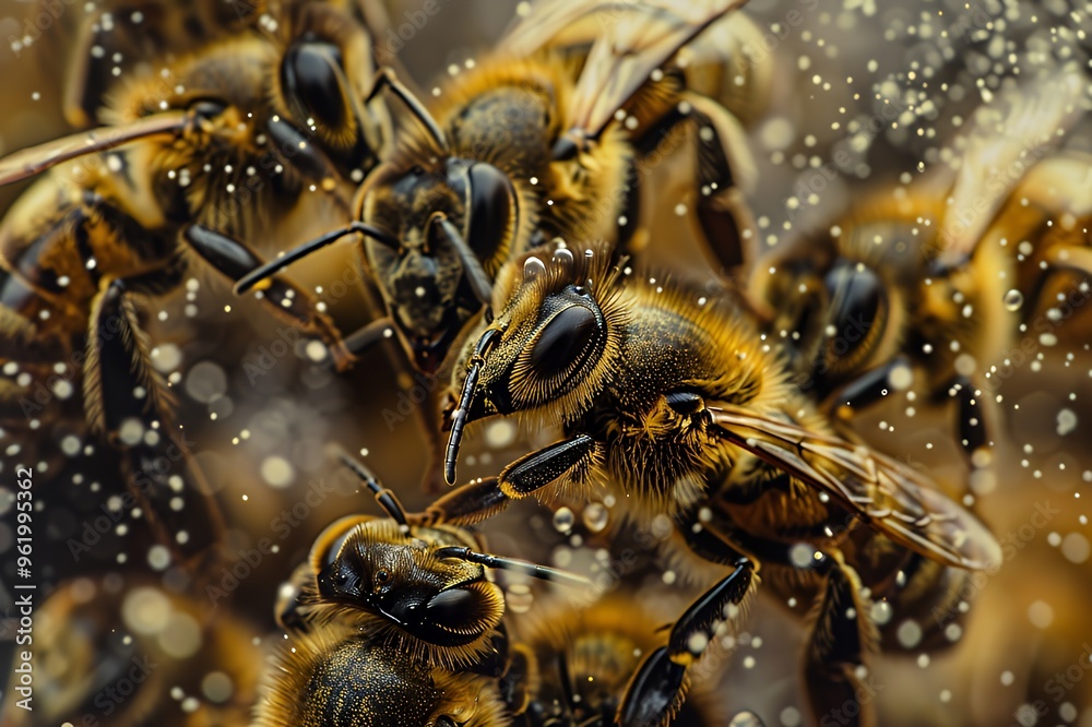 A close-up shot of a group of bees with water droplets on their bodies. A close-up shot of a group of bees with water droplets on their bodies.