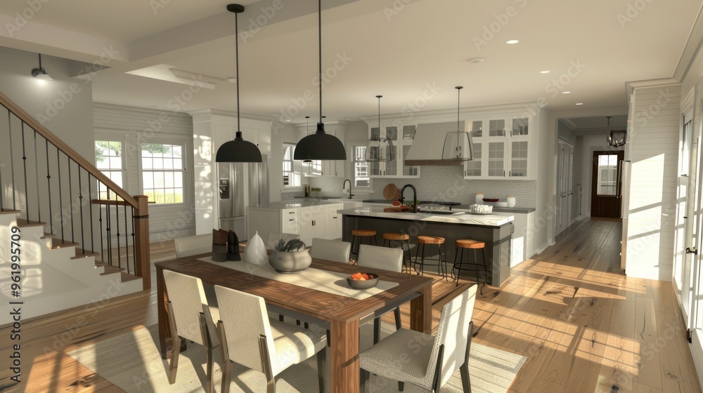Open concept dining room in a modern home layout with kitchen AI generated image Open concept dining room in a modern home layout with kitchen AI generated image